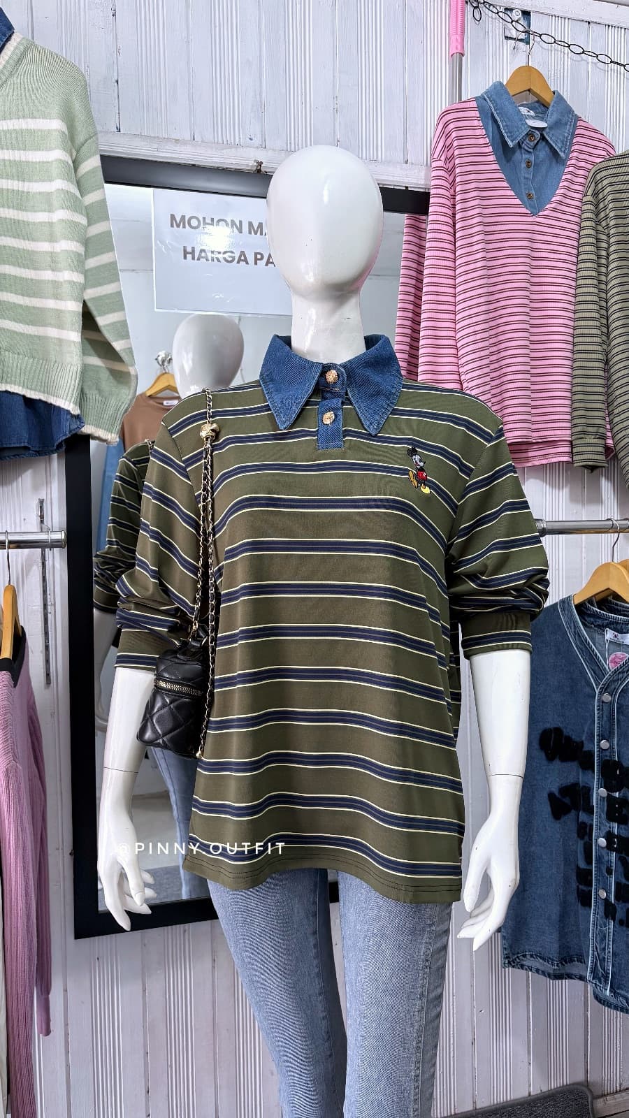 Kaos Salur Mickey Kecil Kerah Jeans — Hijau