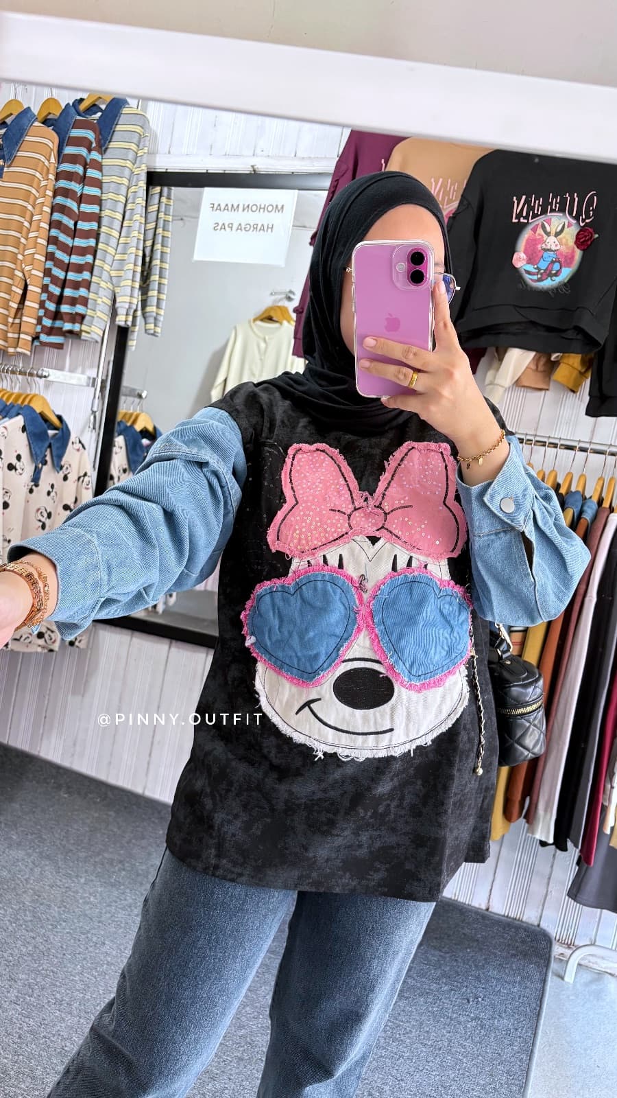 Kaos Minnie Mata Love Lengan Jeans