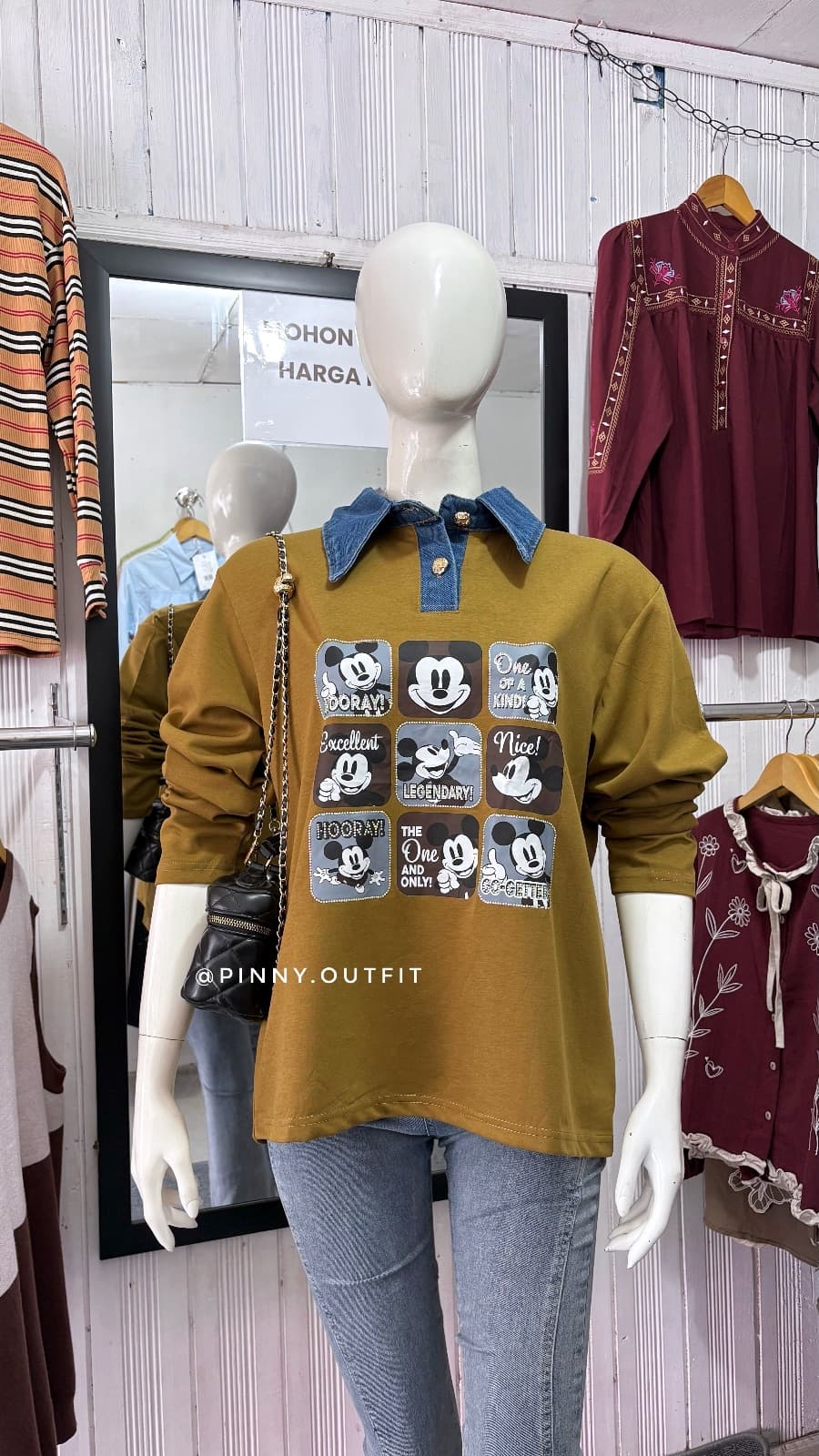 Kaos Mickey 9 Kotak Kerah Jeans — Mustard