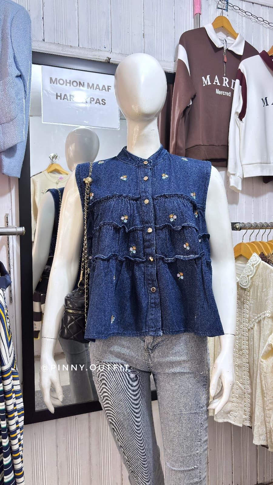 Vest Jeans Bunga — Biru Tua